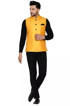 Yellow plain banarasi nehru-jacket