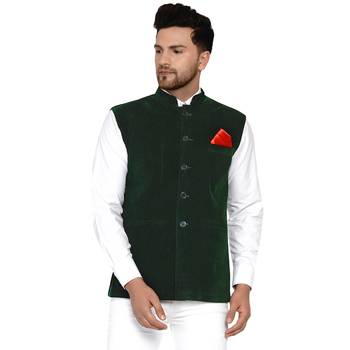 Green plain velvet nehru-jacket 1