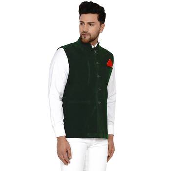 Green plain velvet nehru-jacket 2