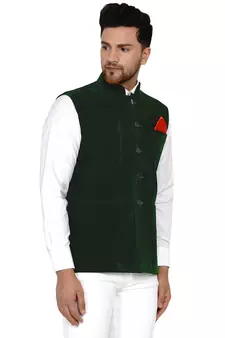 Green plain velvet nehru-jacket