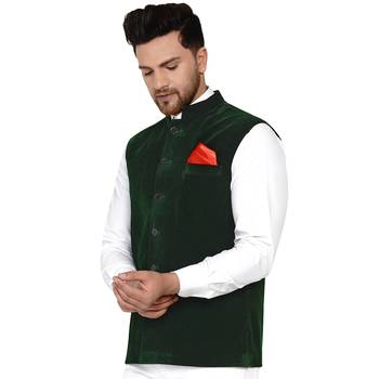 Green plain velvet nehru-jacket 3