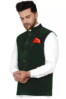 Green plain velvet nehru-jacket
