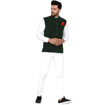 Green plain velvet nehru-jacket 5