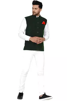 Green plain velvet nehru-jacket