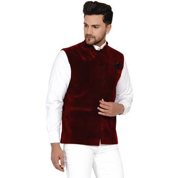 Velvet Plain Maroon Nehru Jacket for Men's  2
