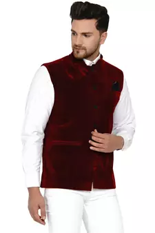Velvet Plain Maroon Nehru Jacket for Men's 