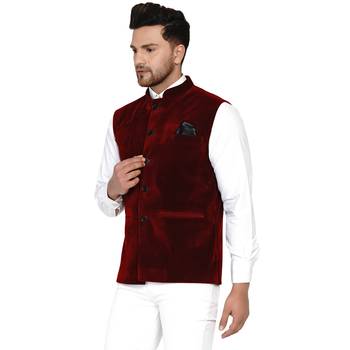 Velvet Plain Maroon Nehru Jacket for Men's  3