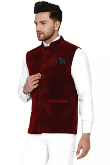 Velvet Plain Maroon Nehru Jacket for Men's 