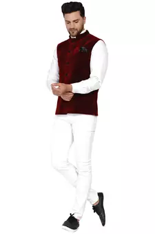 Velvet Plain Maroon Nehru Jacket for Men's 