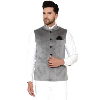 Grey plain velvet nehru-jacket 1