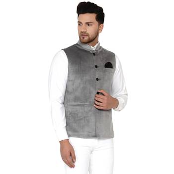 Grey plain velvet nehru-jacket 2