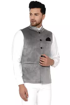 Grey plain velvet nehru-jacket