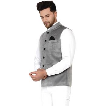 Grey plain velvet nehru-jacket 3