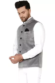 Grey plain velvet nehru-jacket