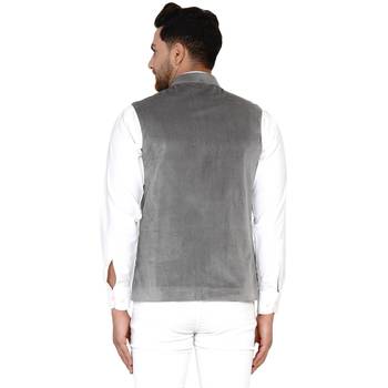 Grey plain velvet nehru-jacket 4