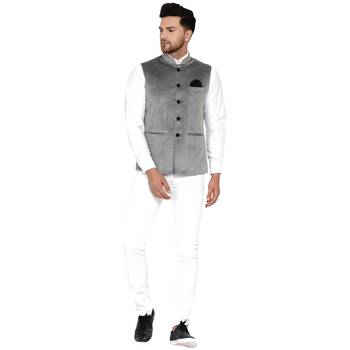 Grey plain velvet nehru-jacket 5
