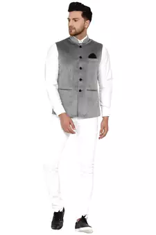 Grey plain velvet nehru-jacket