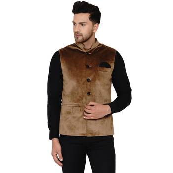 Gold plain velvet nehru-jacket 1