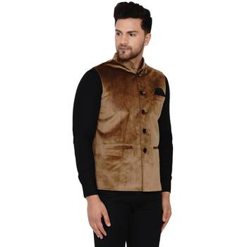 Gold plain velvet nehru-jacket 2