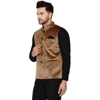 Gold plain velvet nehru-jacket 3