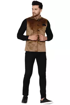 Gold plain velvet nehru-jacket