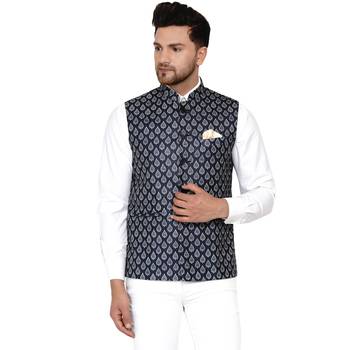 Blue printed cotton nehru-jacket 1