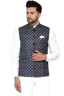 Blue printed cotton nehru-jacket