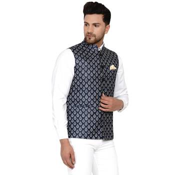 Blue printed cotton nehru-jacket 2