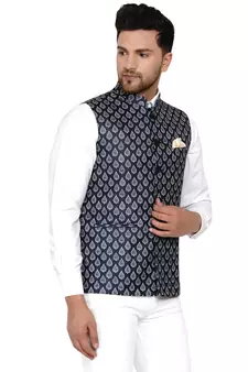 Blue printed cotton nehru-jacket