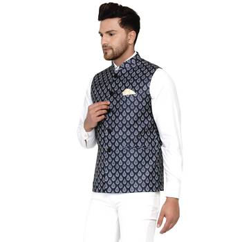 Blue printed cotton nehru-jacket 3