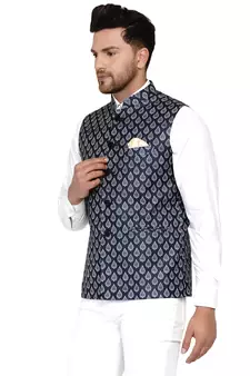 Blue printed cotton nehru-jacket