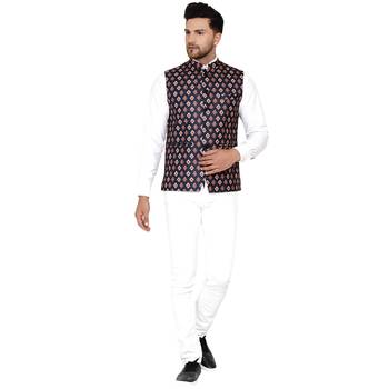 Brown printed cotton nehru-jacket 5