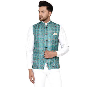 Green printed cotton nehru-jacket 1