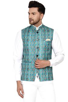 Green printed cotton nehru-jacket