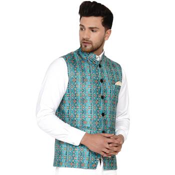 Green printed cotton nehru-jacket 2