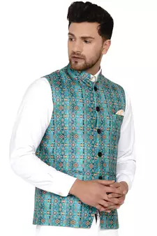 Green printed cotton nehru-jacket