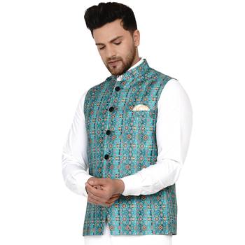 Green printed cotton nehru-jacket 3