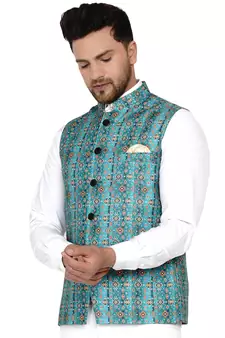 Green printed cotton nehru-jacket