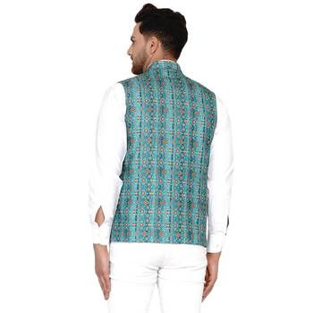 Green printed cotton nehru-jacket 4