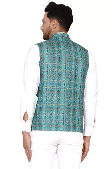 Green printed cotton nehru-jacket