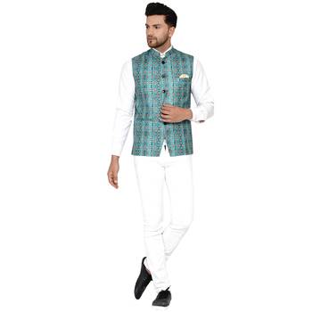 Green printed cotton nehru-jacket 5