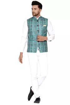 Green printed cotton nehru-jacket