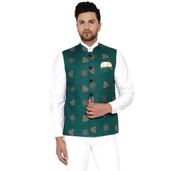 Green printed cotton nehru-jacket 1