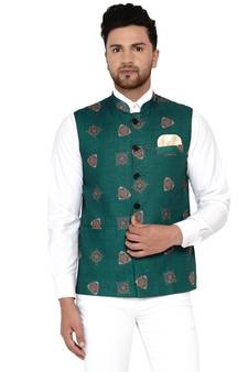 Green printed cotton nehru-jacket
