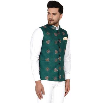 Green printed cotton nehru-jacket 2