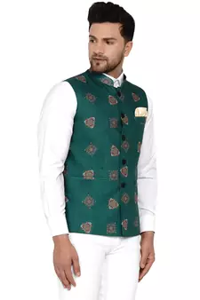 Green printed cotton nehru-jacket