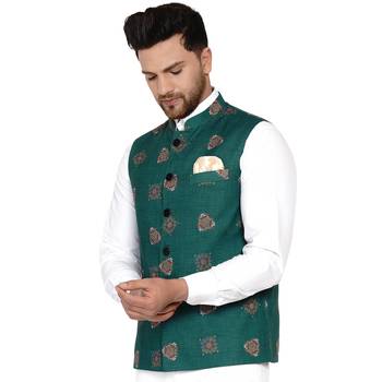 Green printed cotton nehru-jacket 3