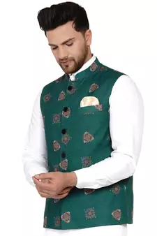 Green printed cotton nehru-jacket