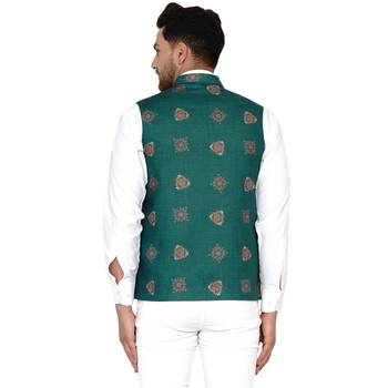 Green printed cotton nehru-jacket 4