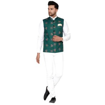 Green printed cotton nehru-jacket 5